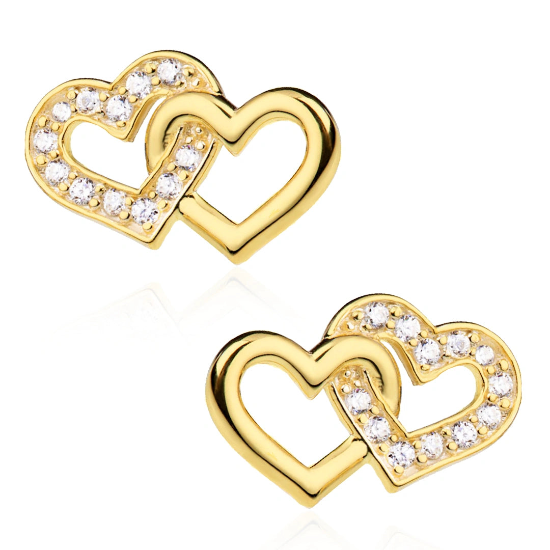 Orecchini a bottoncino a forma di cuore in oro giallo 9kt con pietre Orecchini a bottoncino a forma di cuore in oro giallo 9kt con pietre