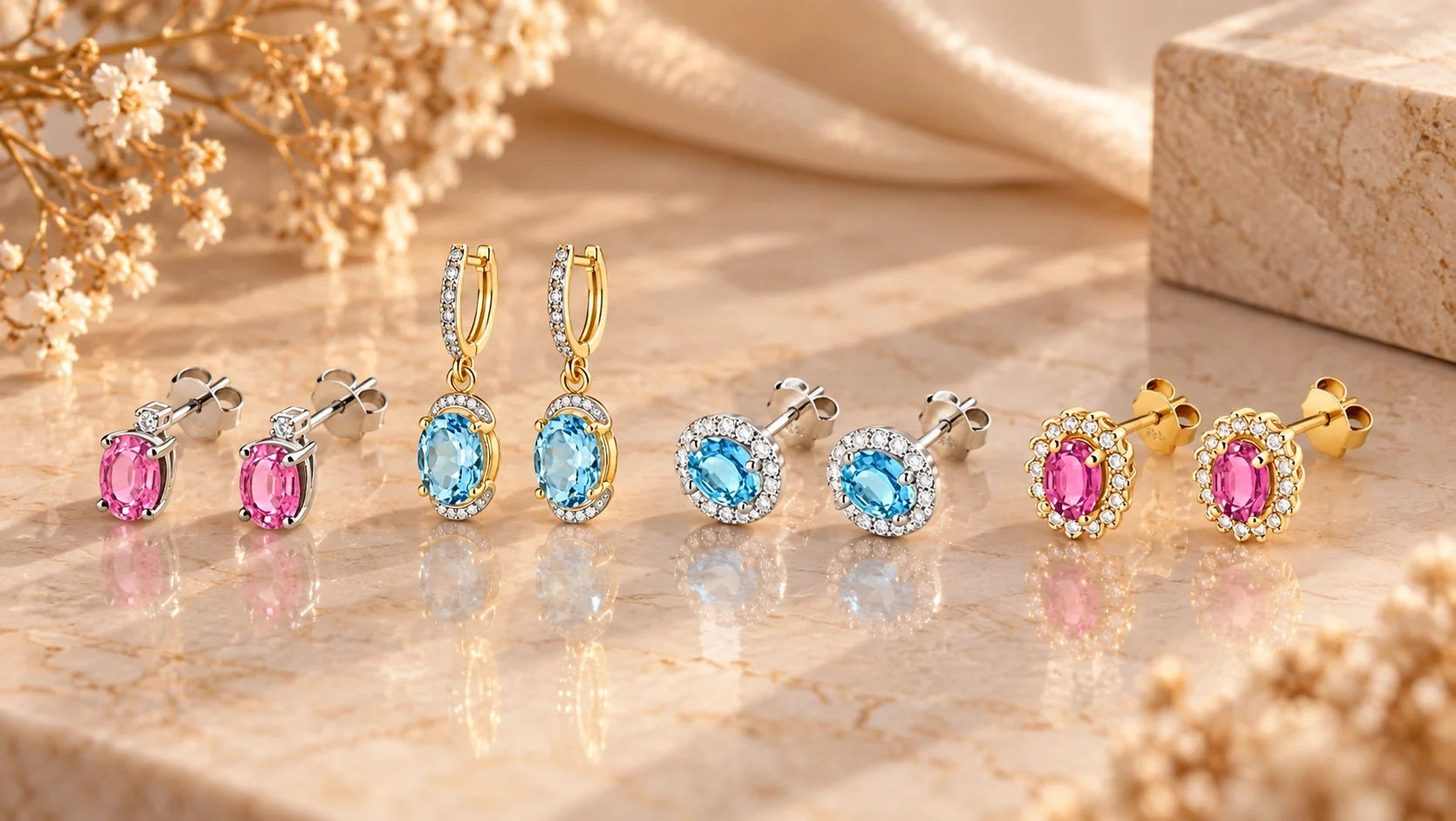 Orecchini di Sakrami in Oro Giallo o Bianco 14 KT con Topazi Azzurri o Rosa