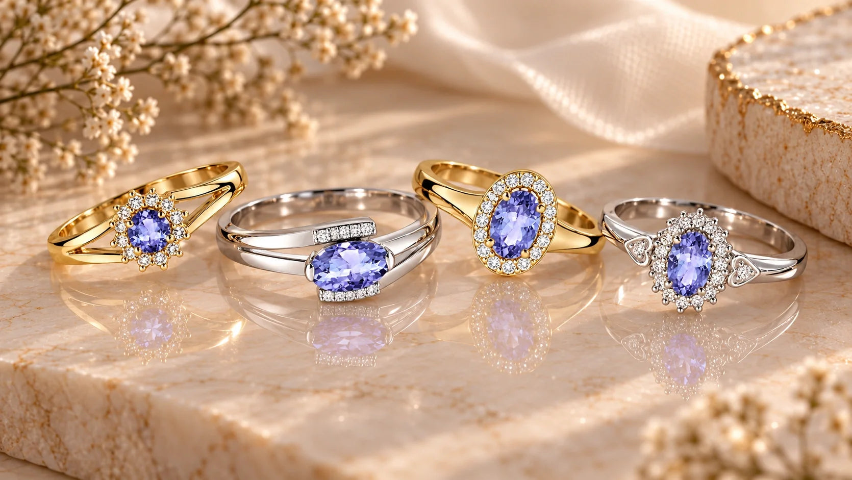 Anelli di Sakrami in Oro Giallo o Bianco 14 KT con Pietra Tanzanite