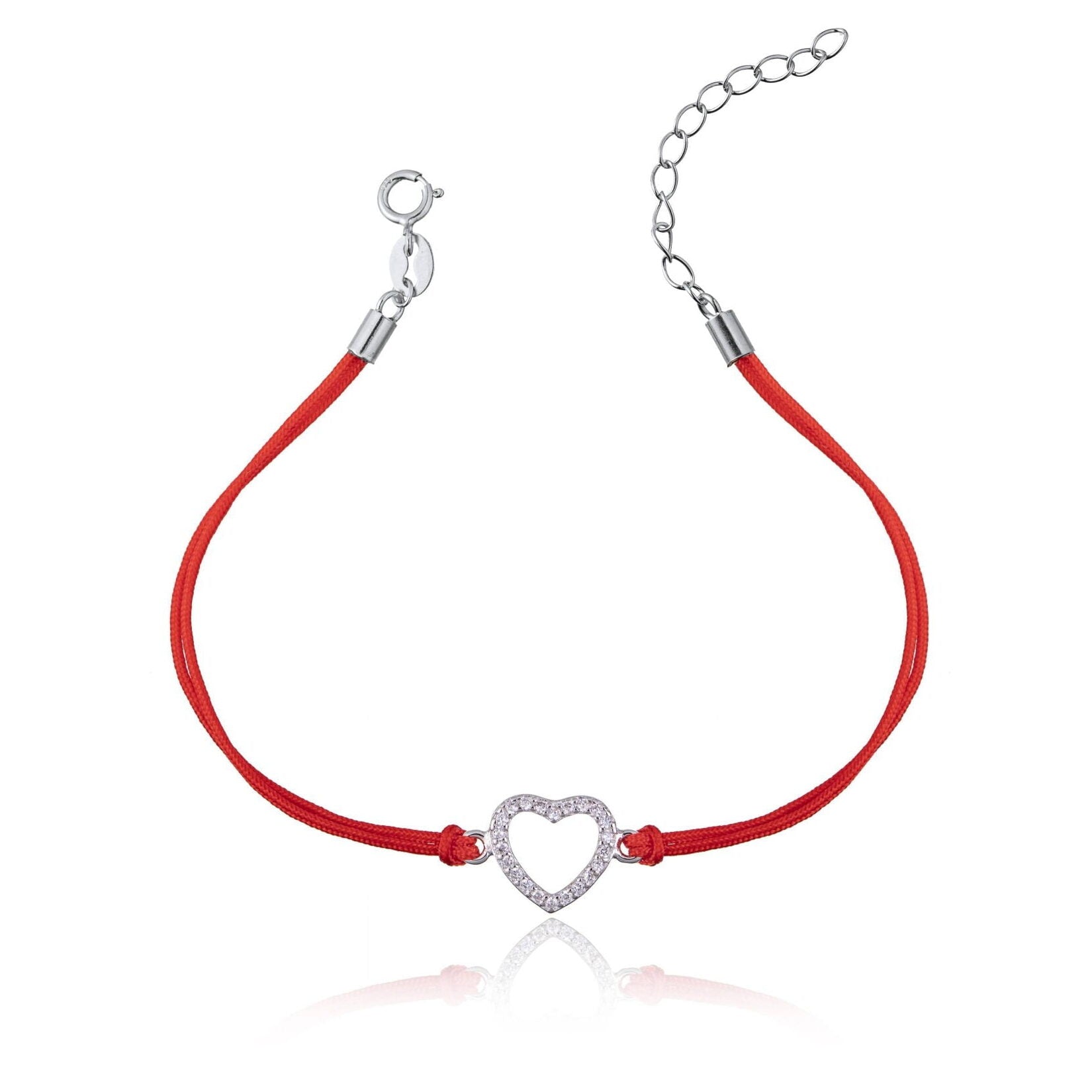 Pulsera de Plata con Cordón con Corazón Calado y Strass