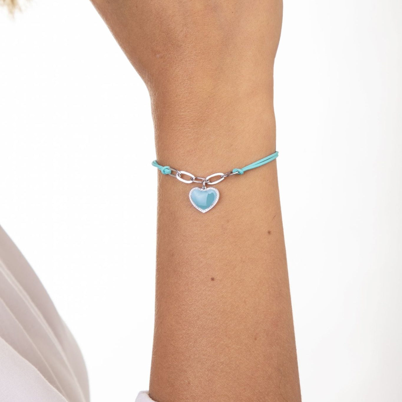 Bracciale Rodiato con Cuore Smaltato Turchese