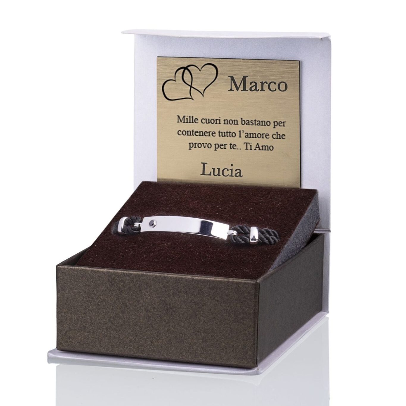 Men's Silver Bracelet with Black Cord, Zircon, and Plate
