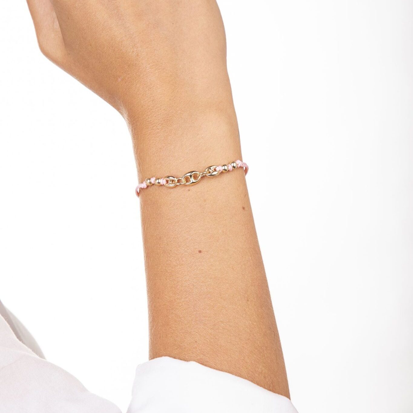 Bracciale Tripla Marina Argento Dorato Cordino Rosa e Sfere