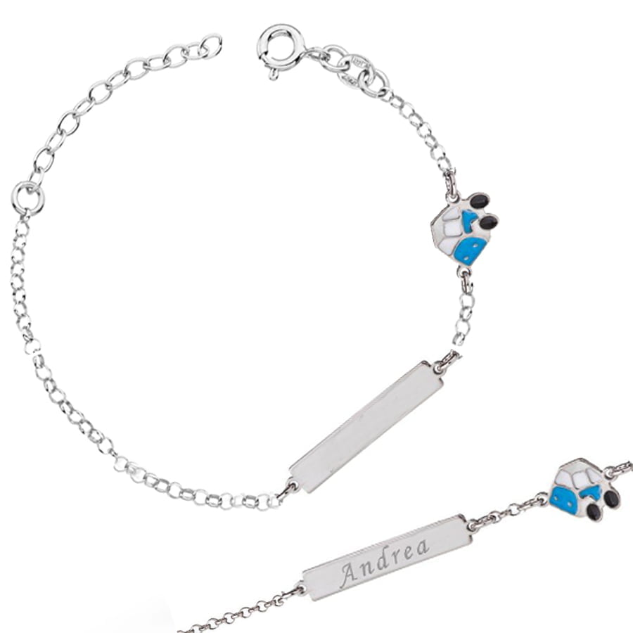 Armband aus Silber mit Plakette und blauem Auto