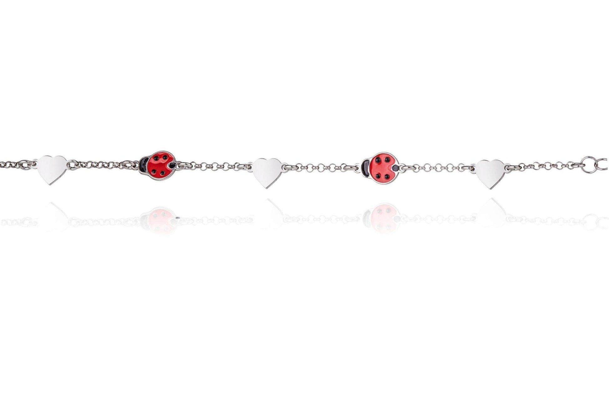 Girls' Silver Bracelet with Ladybugs and Smooth Hearts