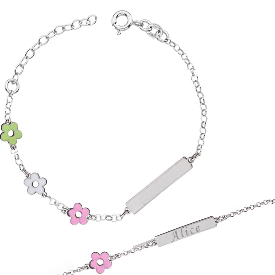 Armband aus Silber für Kinder mit Plakette und drei kleinen Blumen