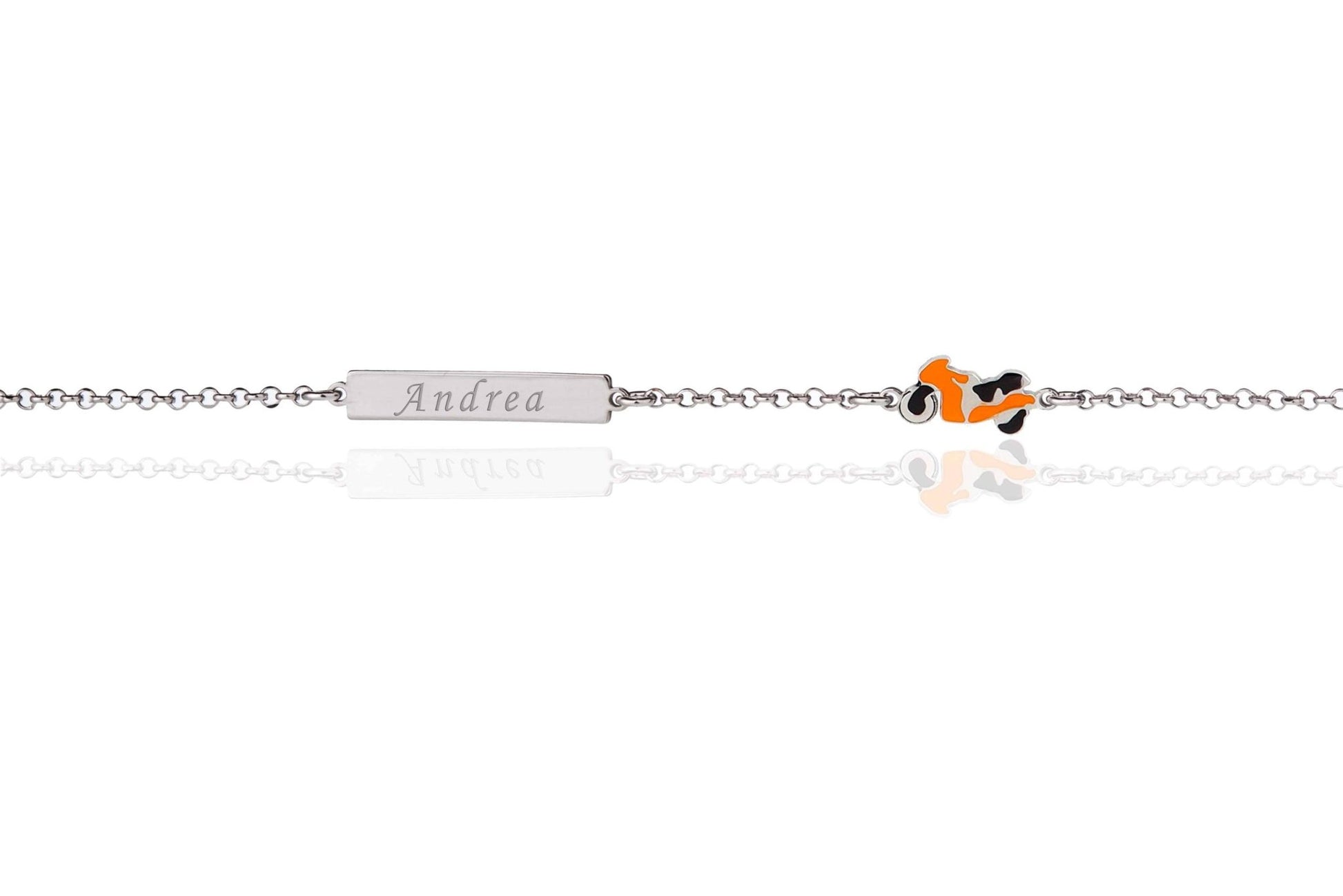 Boy's Silver Bracelet with Plate and Orange Motorcycle