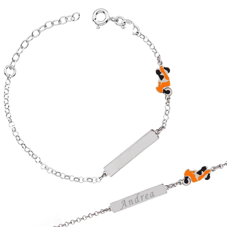 Armband aus Silber für Jungen mit Plakette und orangefarbenem Motorrad