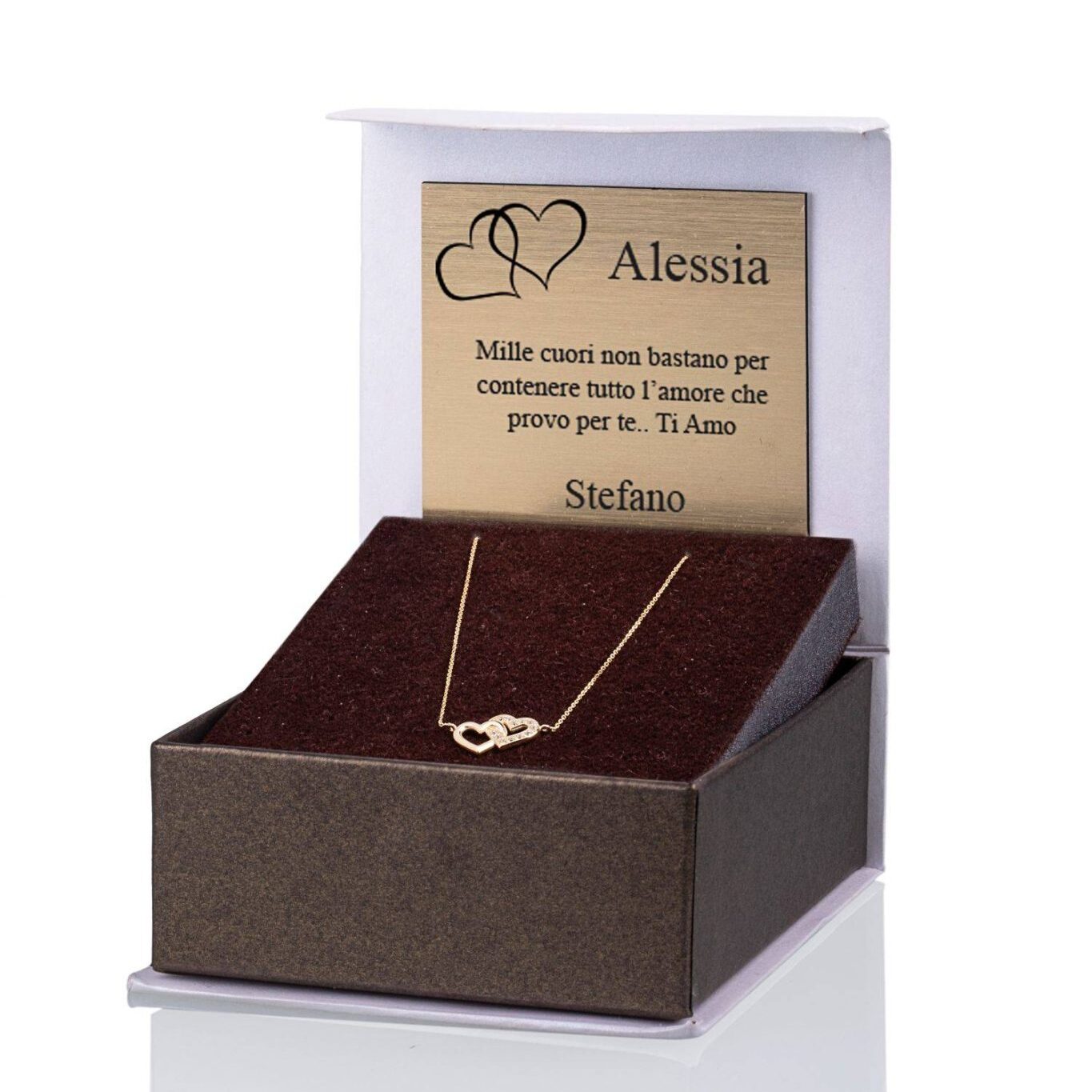Halskette aus Gold mit doppeltem Herz und Strass