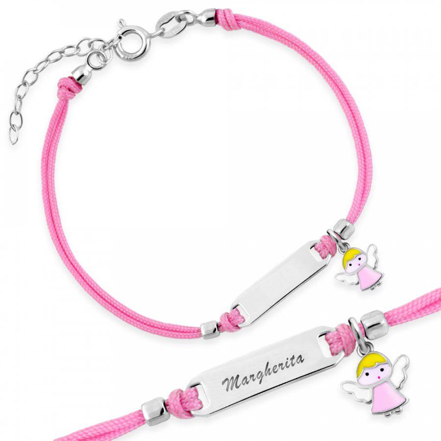 Silver Bracelet for Girl Pink Cord Angel