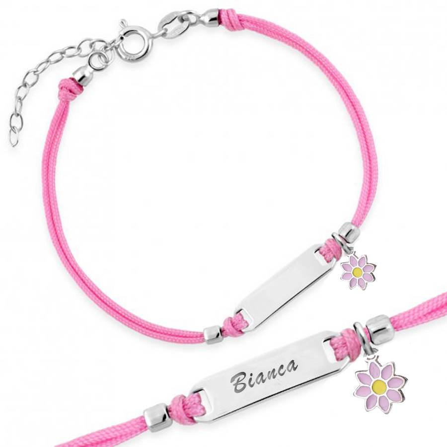 Silver Bracelet for Girl Pink Cord Flower
