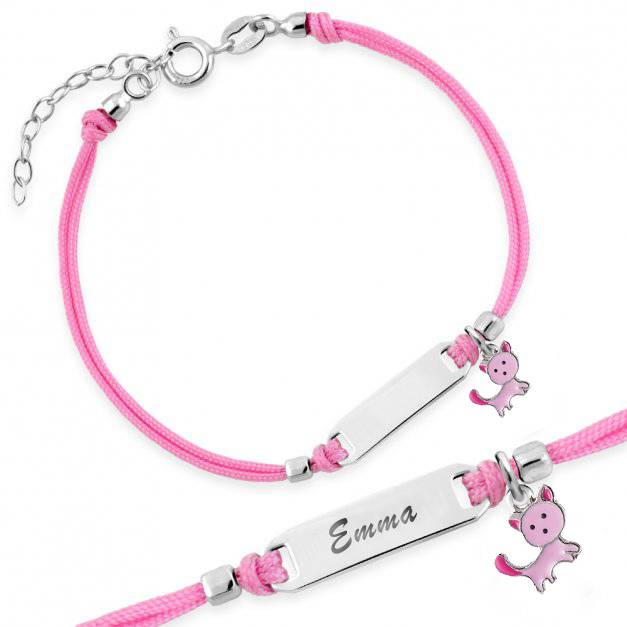 Silver Bracelet for Girl Pink Cord Kitten