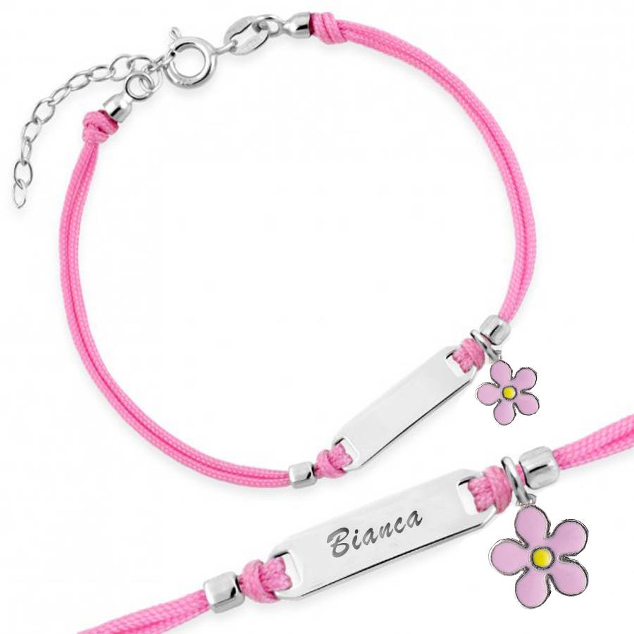 Silver Bracelet for Girl Pink Cord Small Pink Flower