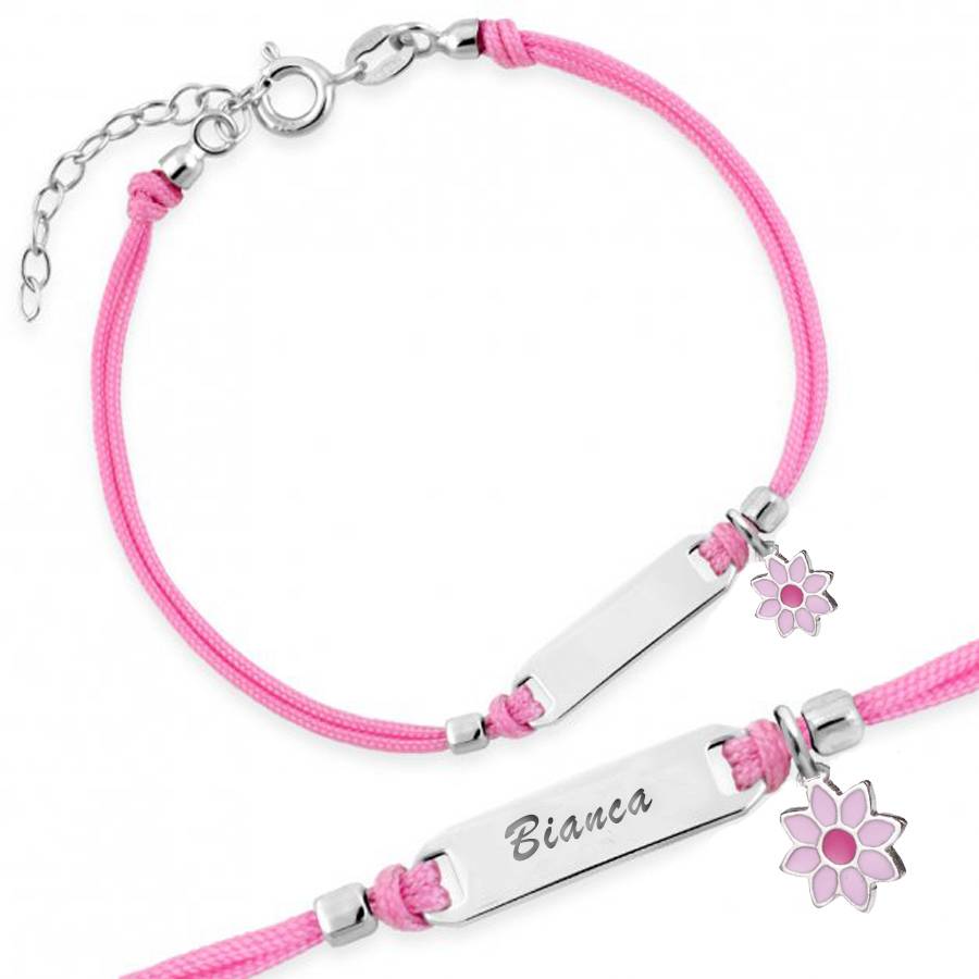 Silver Bracelet for Girl Pink Cord Gerbera