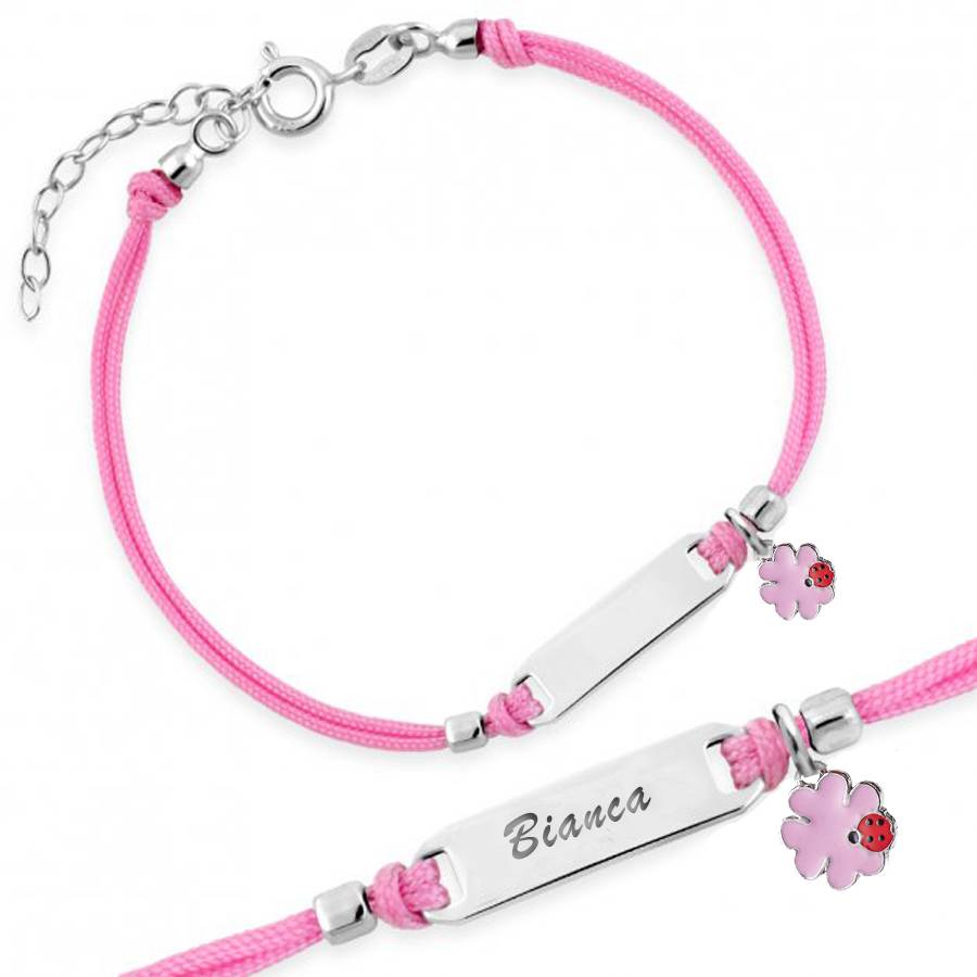 Silver Bracelet for Girl Pink Cord Four-Leaf Clover
