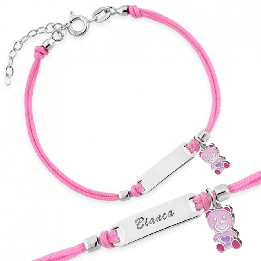 Silver Bracelet for Girl Pink Cord Teddy Bear