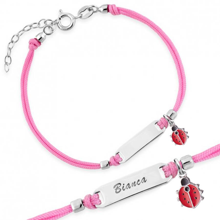 Bracciale Argento Bimba Cordoncino Rosa Coccinella
