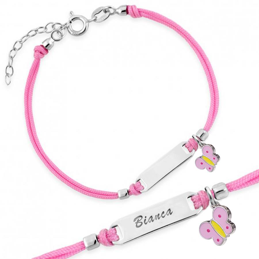 Silver Bracelet for Girl Pink Cord Butterfly