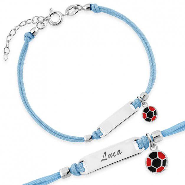 Bracciale Argento Bimbo Cordoncino Azzurro Pallone Rosso Nero