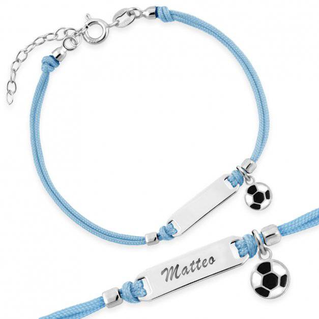 Silberarmband für Jungen mit hellblauer Kordel und weiß-schwarzem Ball