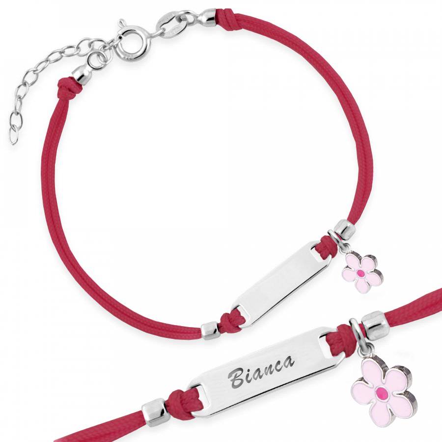 Silver Bracelet for Girl Red Cord Daisy Pink