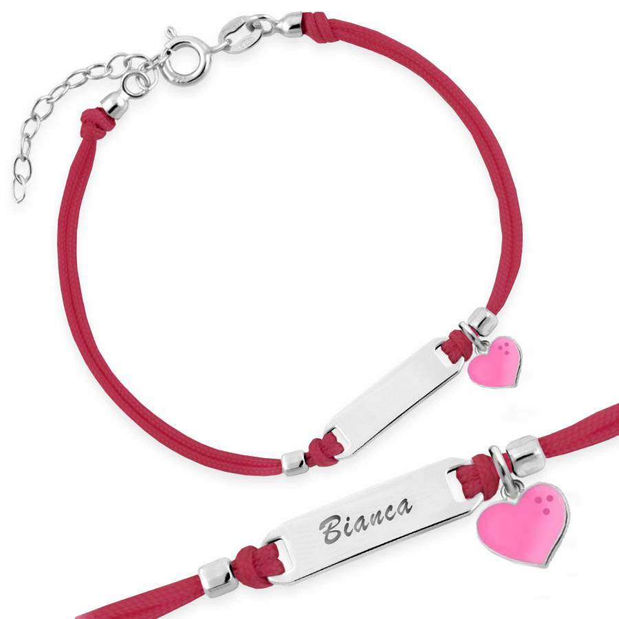 Silver Bracelet for Girls Red Cord Heart Pink