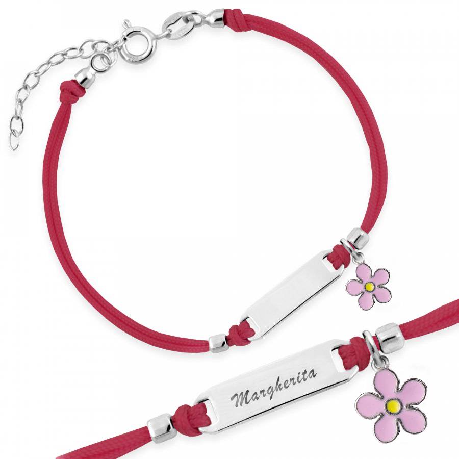 Silver Bracelet for Girls Red Cord with Pink Flower