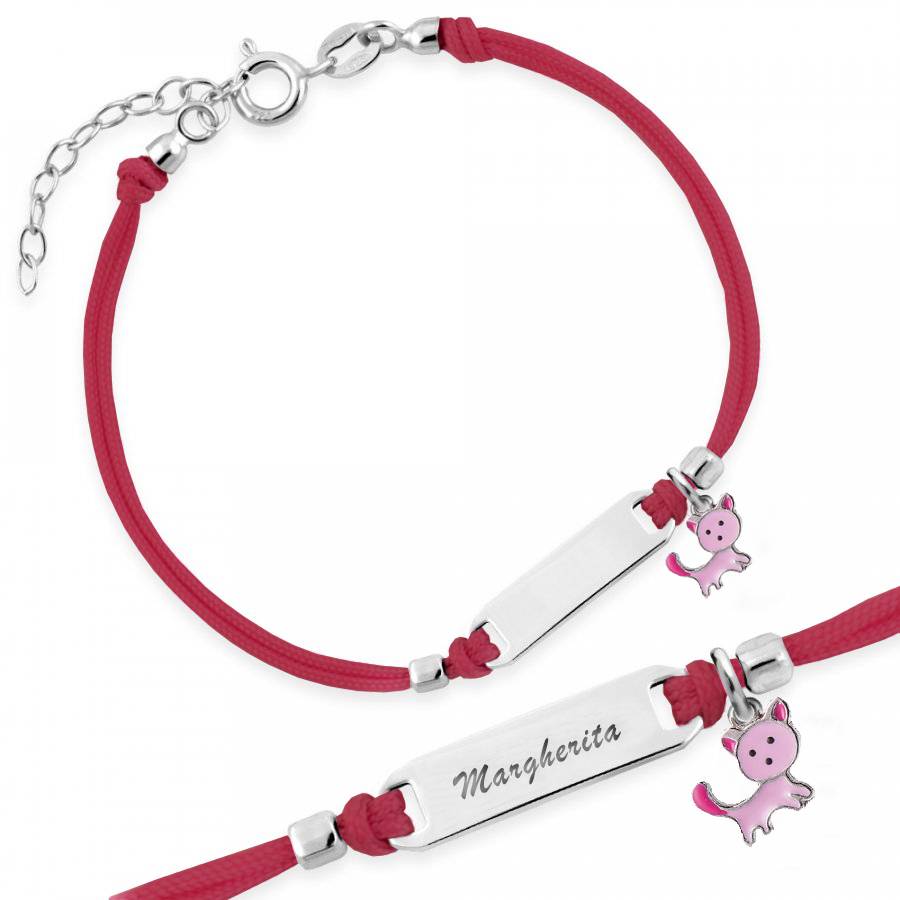 Silver Bracelet for Girls Red Cord Kitten