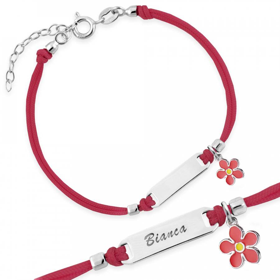 Silver Bracelet for Girls Red Cord with Red Flower
