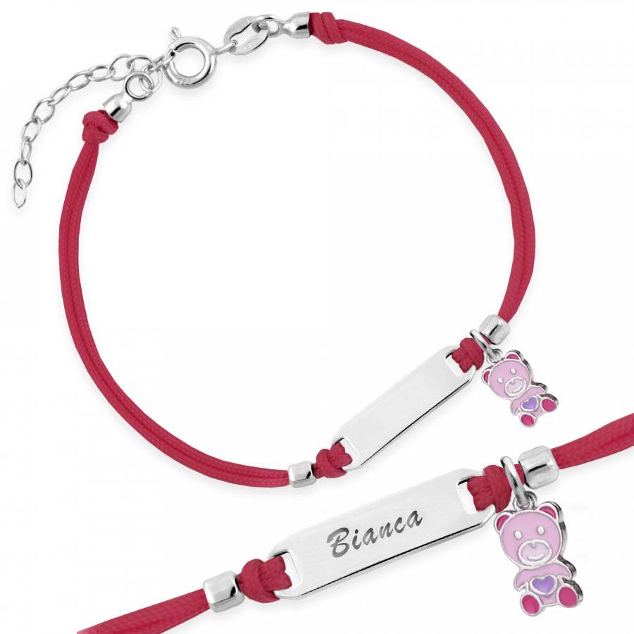 Silver Bracelet for Girls Red Cord Teddy Bear