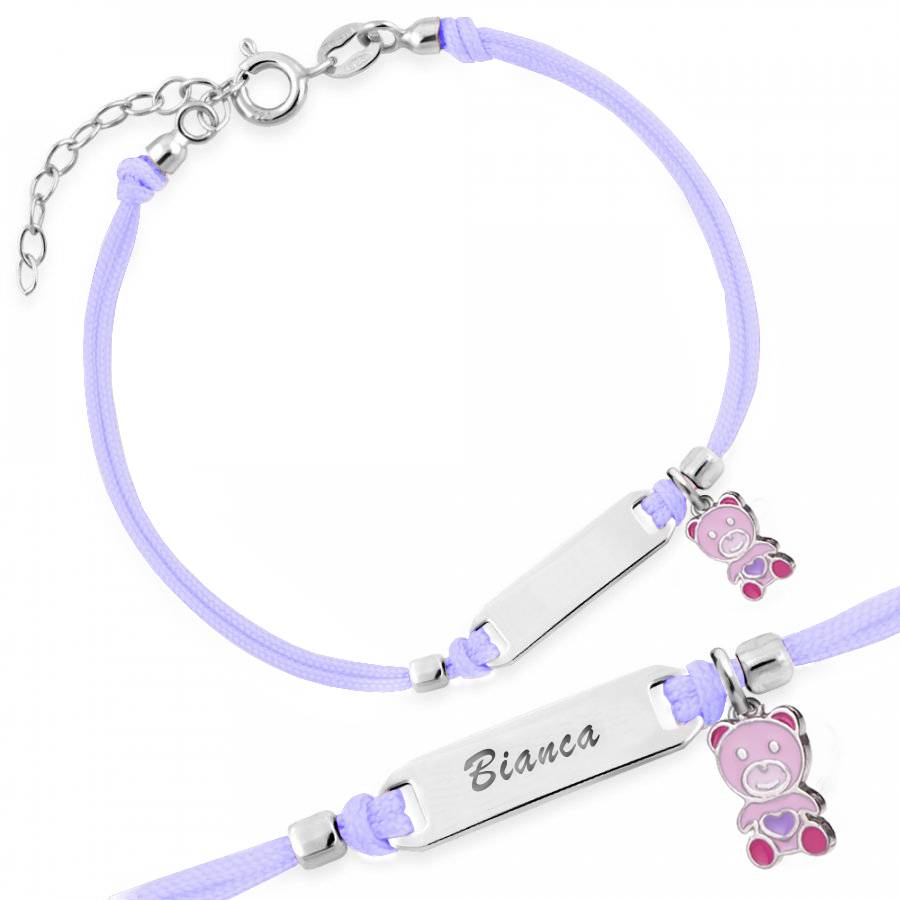 Silver Bracelet for Girls with Lilac Cord and Bear