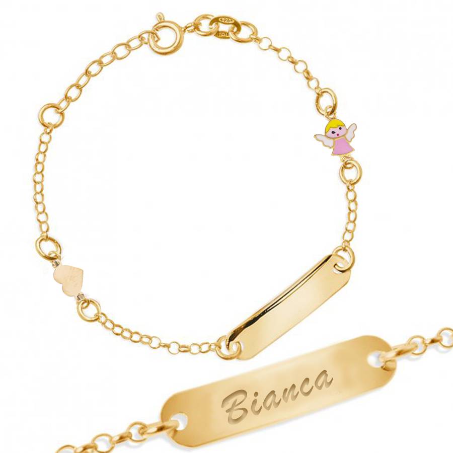 Silver Bracelet for Girl with Pink Angel and Heart