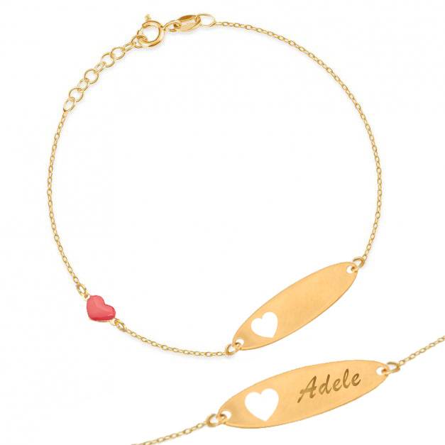 Pulsera de Oro con Corazón Esmaltado y Corazón Recortado