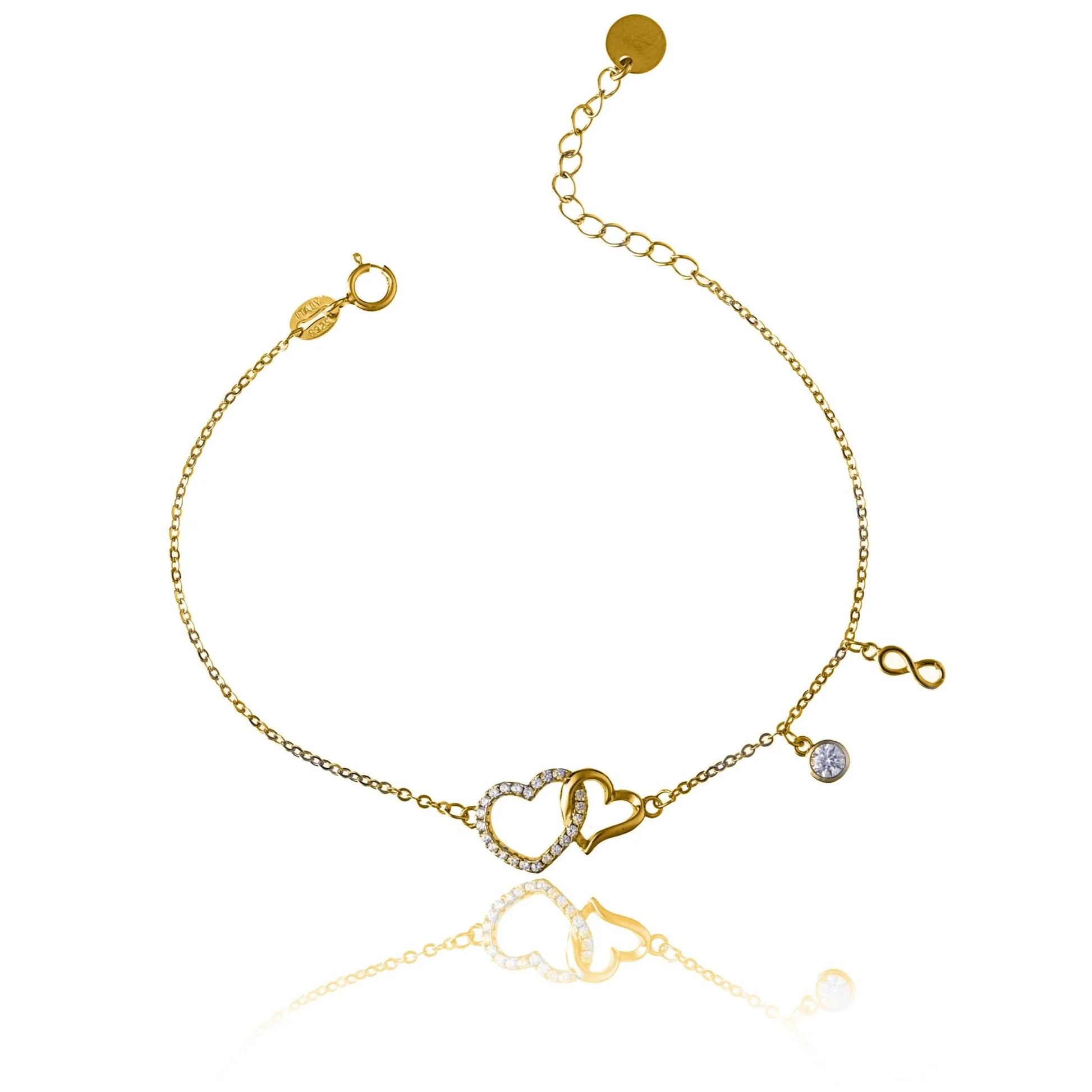 Silver Bracelet with Hearts, Rhinestones, and Infinity Symbol