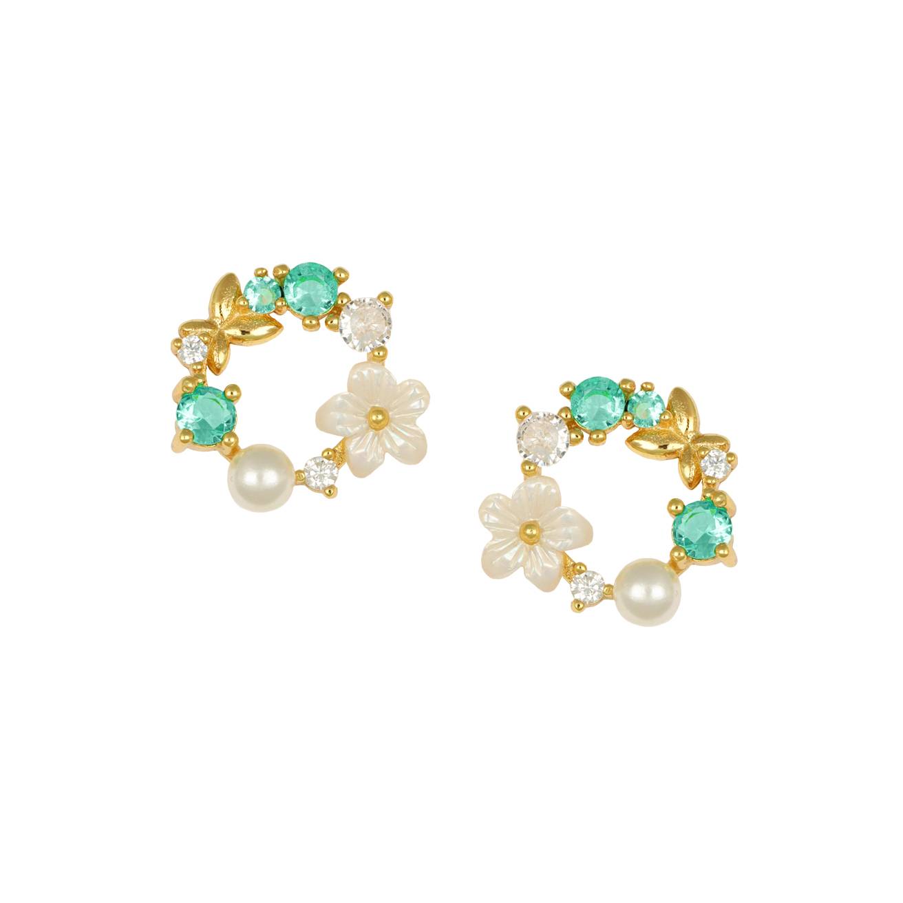 Garland Earrings with Green Zircons and Pearl