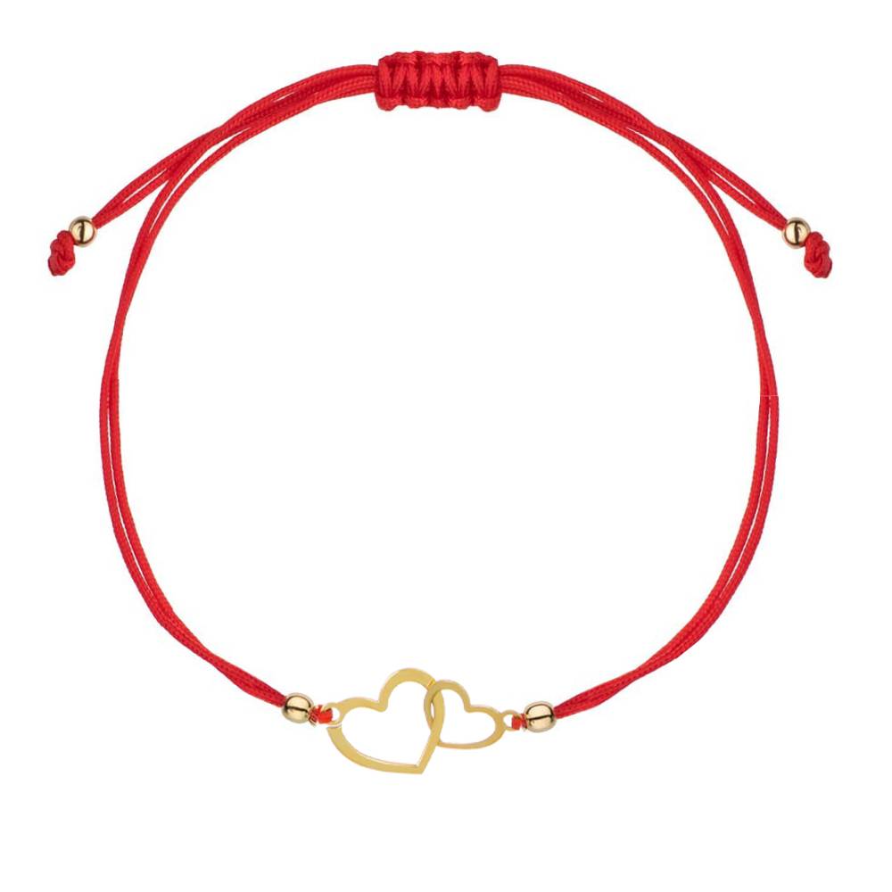 Bracciale Cordoncino Rosso in Oro 9KT con Cuore Doppio
