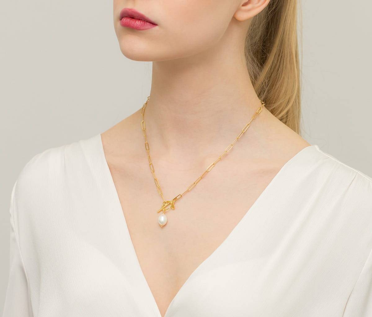 Collana Catena Rettangolare Con Perla