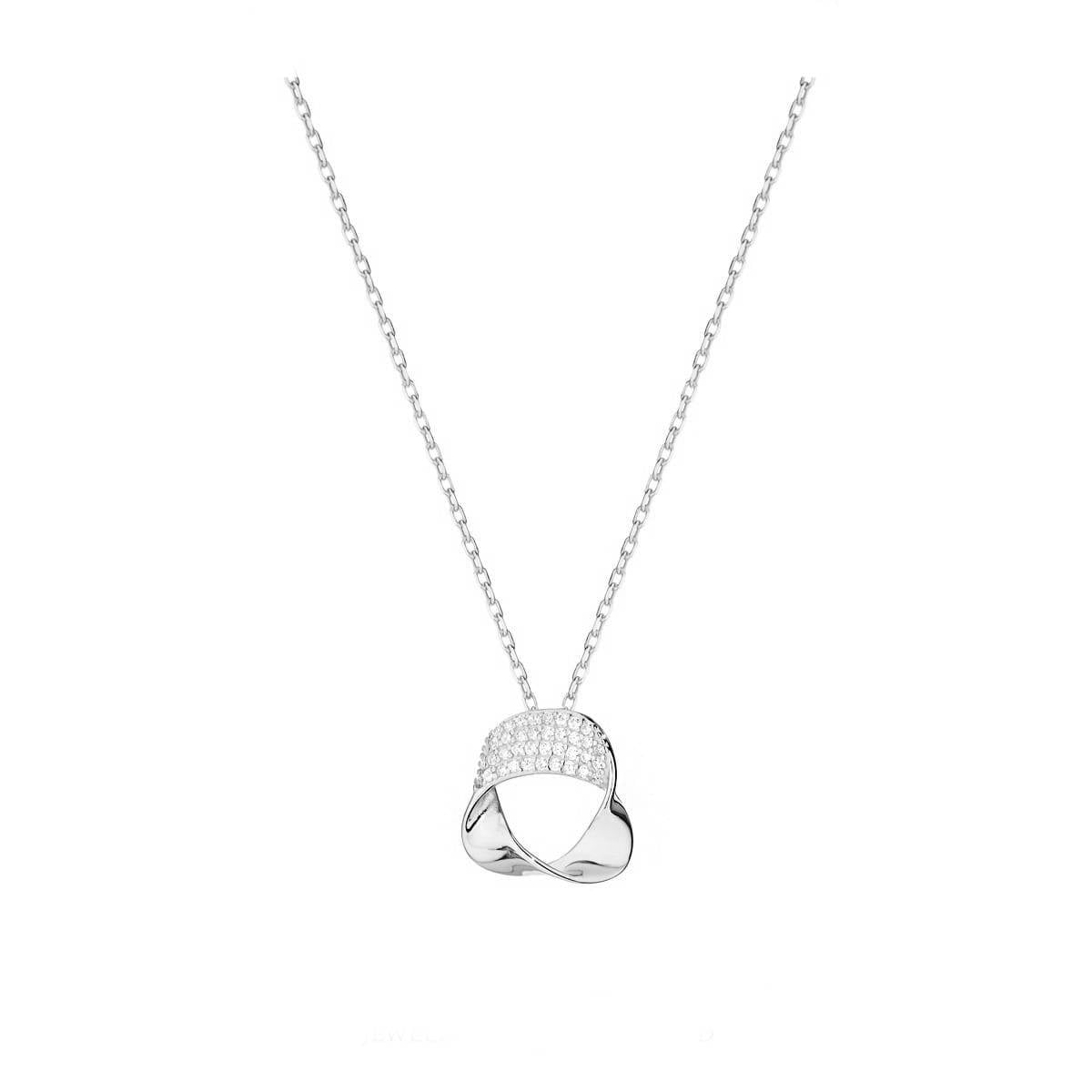 Rhodium Plated Ribbon Necklace with White Zircons