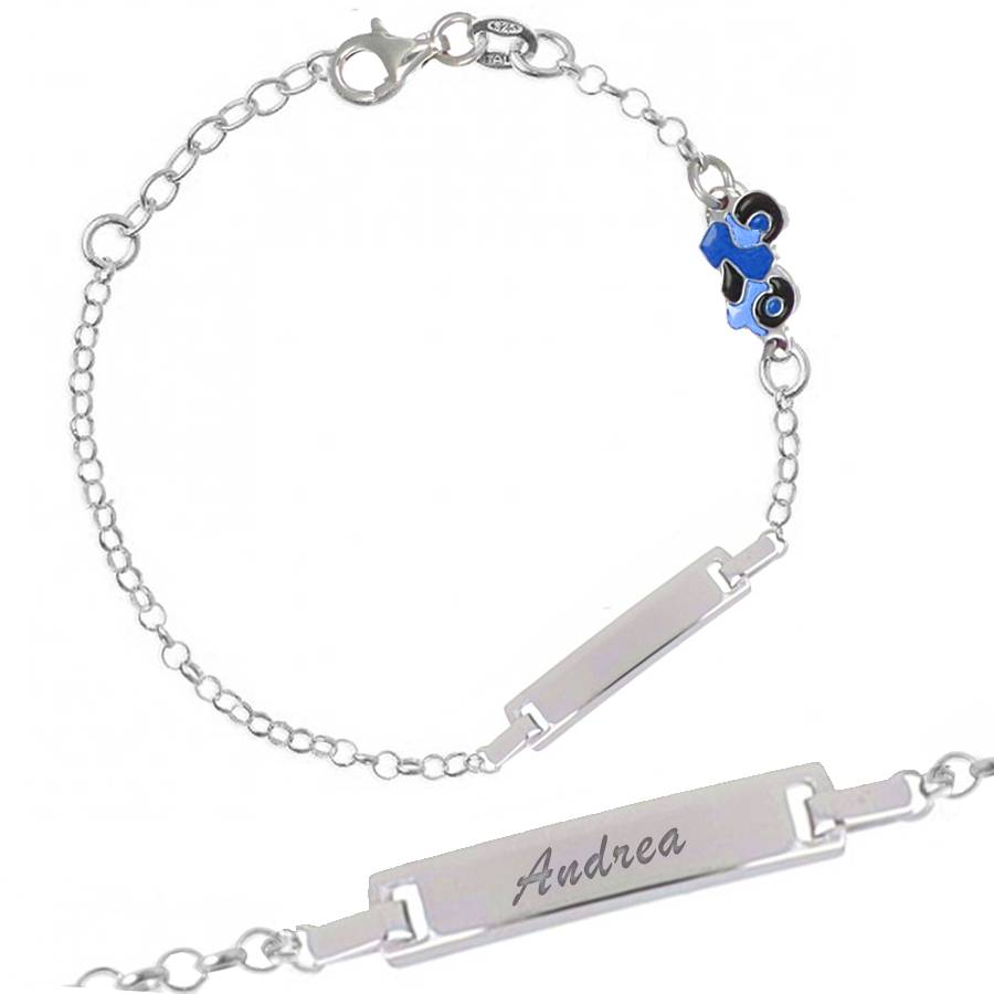 Bracciale in Argento con Piastrina e Moto Blu