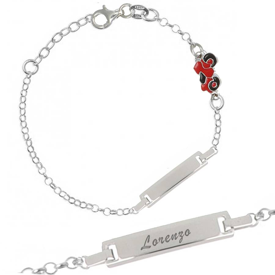 Armband aus Silber mit Plakette und rotem Motorrad