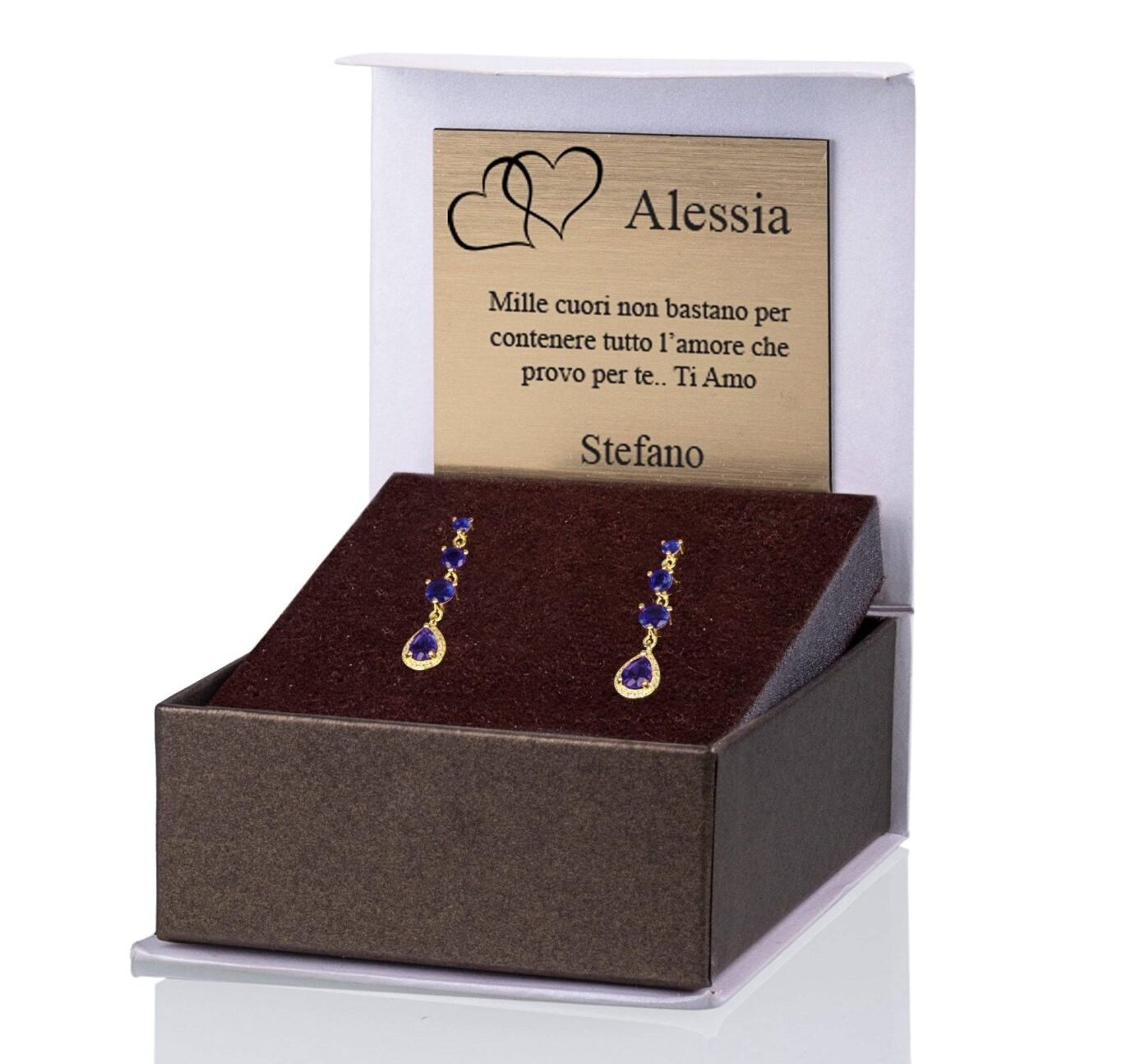 Goldene Tau-Ohrstecker mit blauen Zirkonen