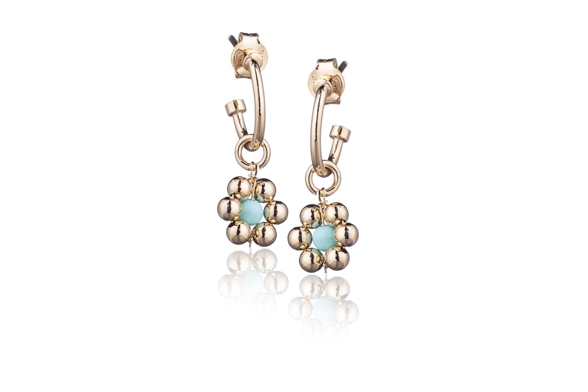 Boucles d'oreilles Fleur en Argent Dorées avec Perle Turquoise