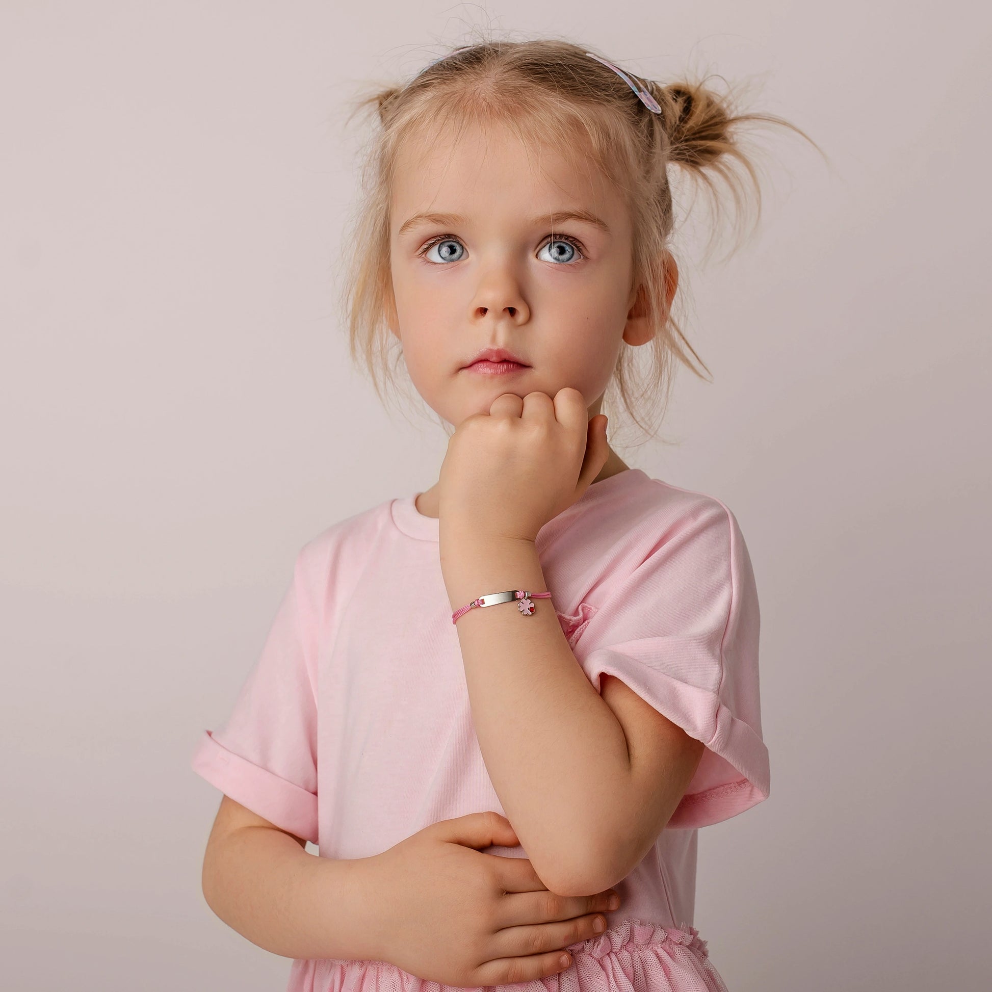 Pulsera de Plata para Niña Cordón Rosa Trébol de Cuatro Hojas