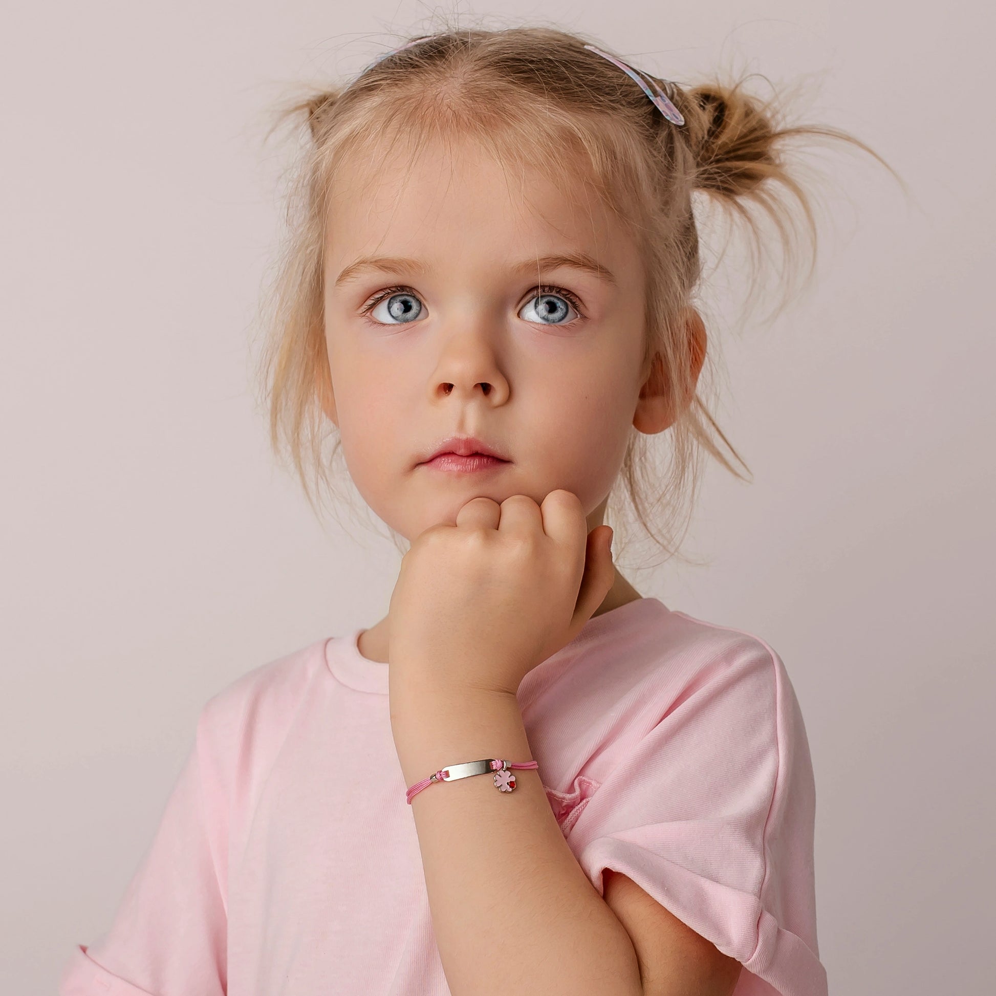 Pulsera de Plata para Niña Cordón Rosa Trébol de Cuatro Hojas