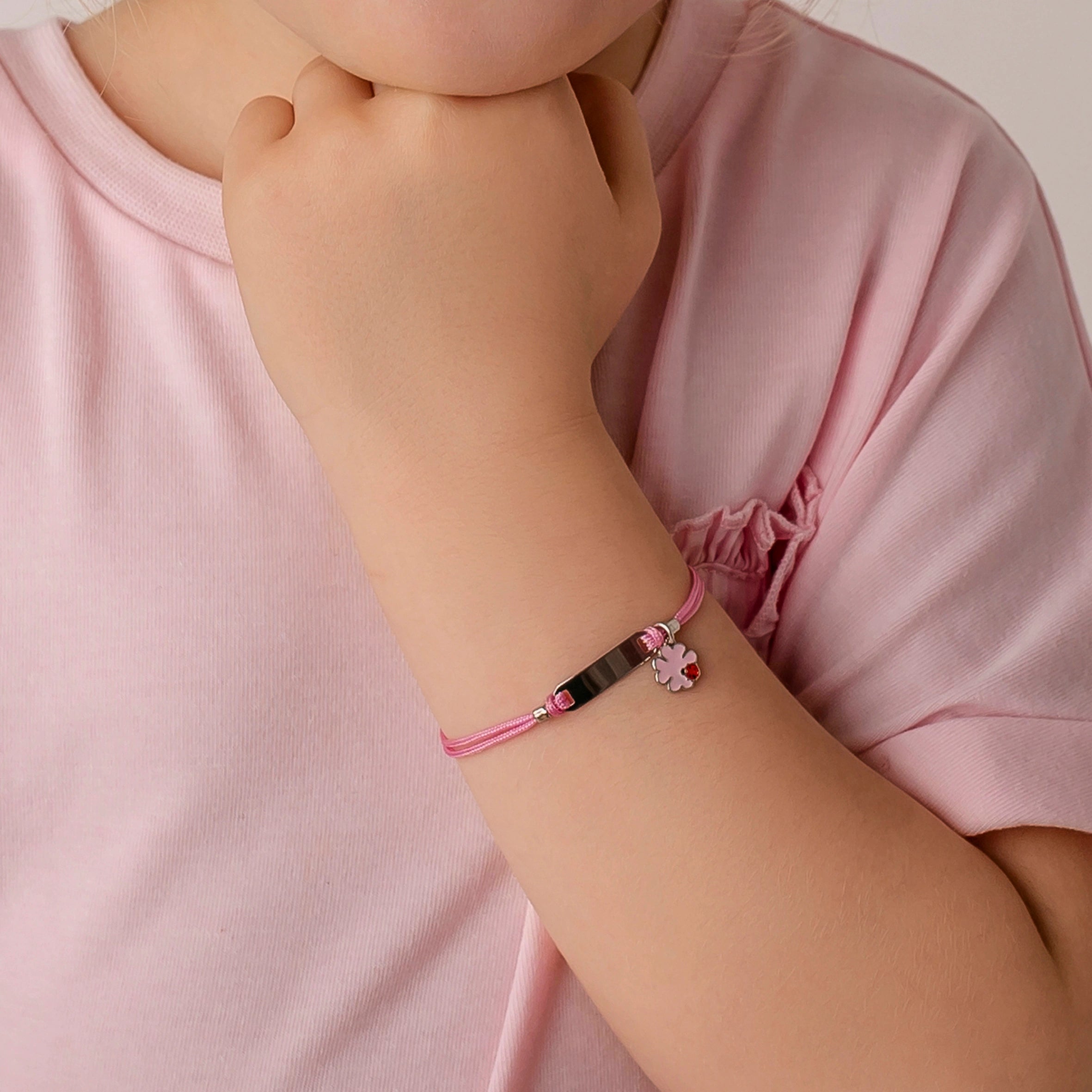 Silver Bracelet for Girl Pink Cord Four-Leaf Clover