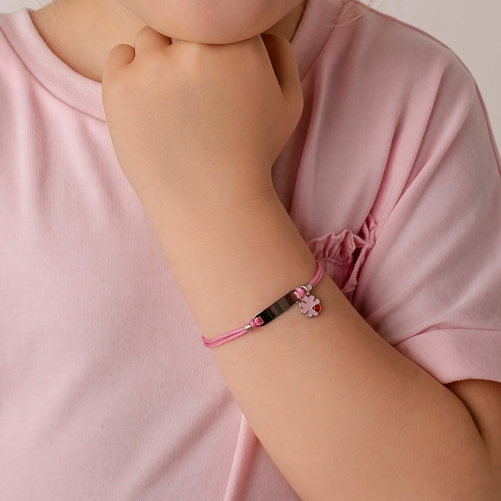 Pulsera de Plata para Niña Cordón Rosa Trébol de Cuatro Hojas