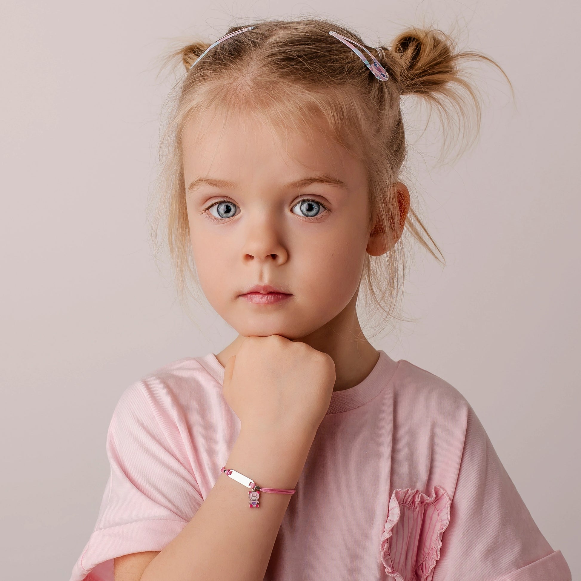 Silver Bracelet for Girl Pink Cord Teddy Bear