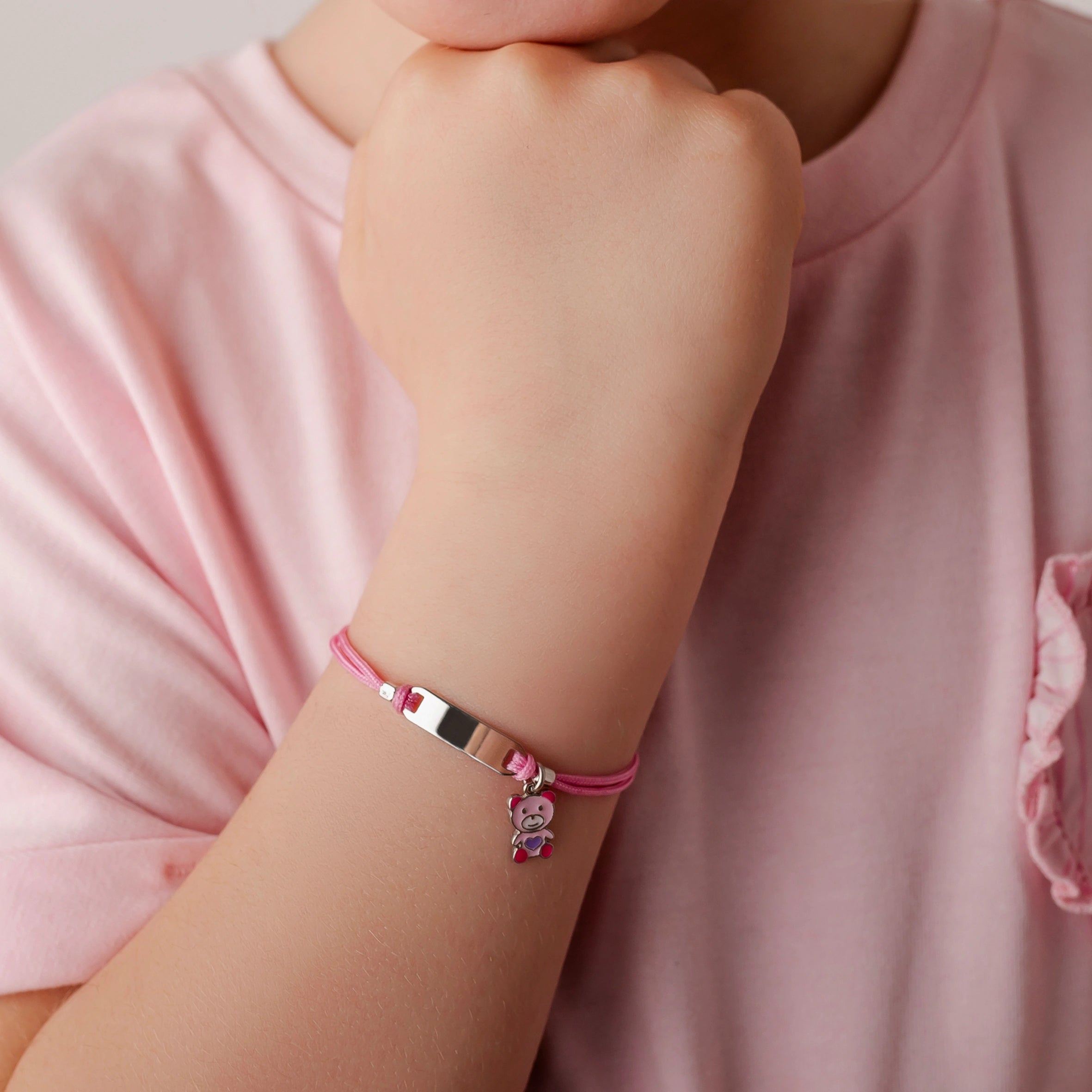 Silver Bracelet for Girl Pink Cord Teddy Bear