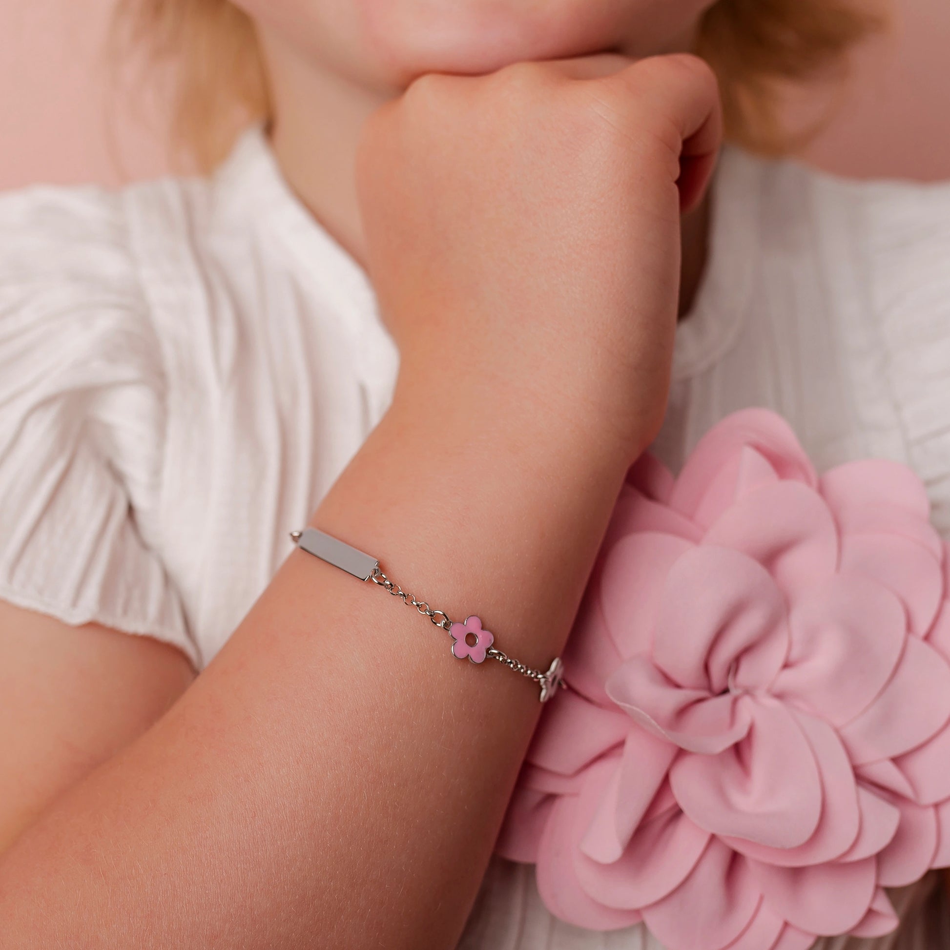 Children's Silver Bracelet with Plate and Three Little Flowers