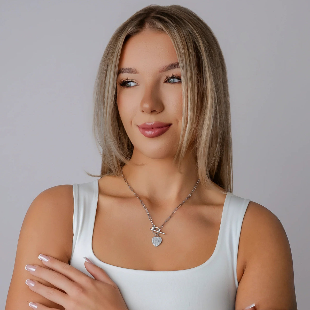 T-Bar Necklace with Heart and Zirconia